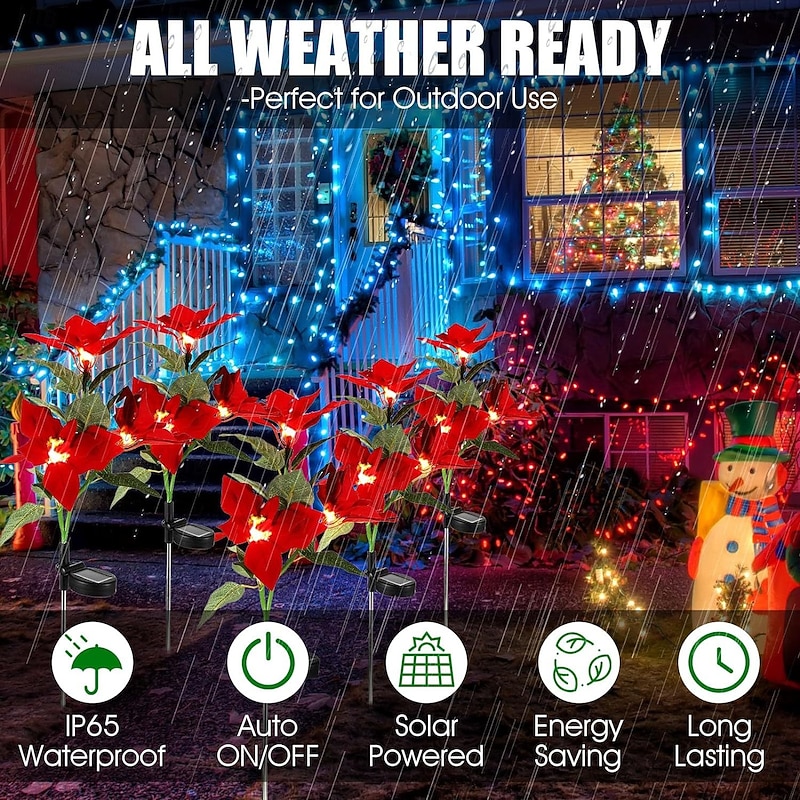 2pcs Christmas Solar Poinsettia Stakes Lights, Solar Red Flower Light Garden Outdoor Waterproof Landscape Lamp Waterproof Xmas Party Home Garden Park Pathway Decoration4