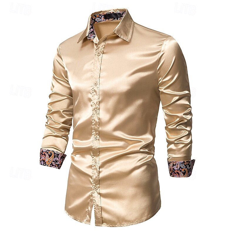 Men's Shirt Satin Shirt Casual Shirt Button Up Shirt Paisley Wedding Vacation Black Champagne Navy Blue Long Sleeve Collar Spring &  Fall Clothing Apparel3