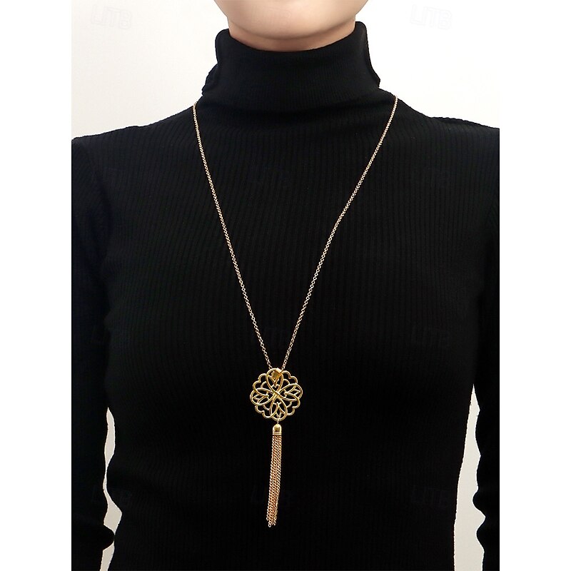 Women's Gold Long Pendant Necklace with Intricate Floral Design and Tassel Accent - Elegant Statement Jewelry for Casual and Formal Outfits