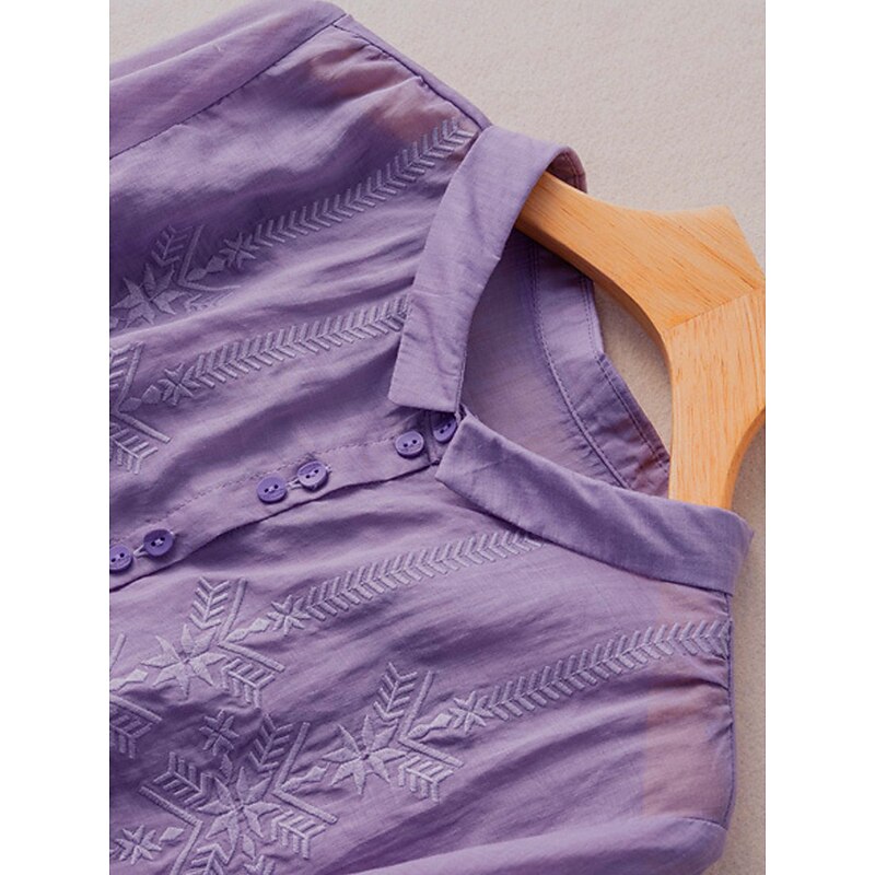 Women's Shirt Linen-Inspired Shirts Button Up Solid Color Floral Casual Boho 3/4 Length Sleeve Elbow Sleeve Shirt Collar Regular Tops Daily Going out Embroidered Yellow Blue Purple Khaki Summer3