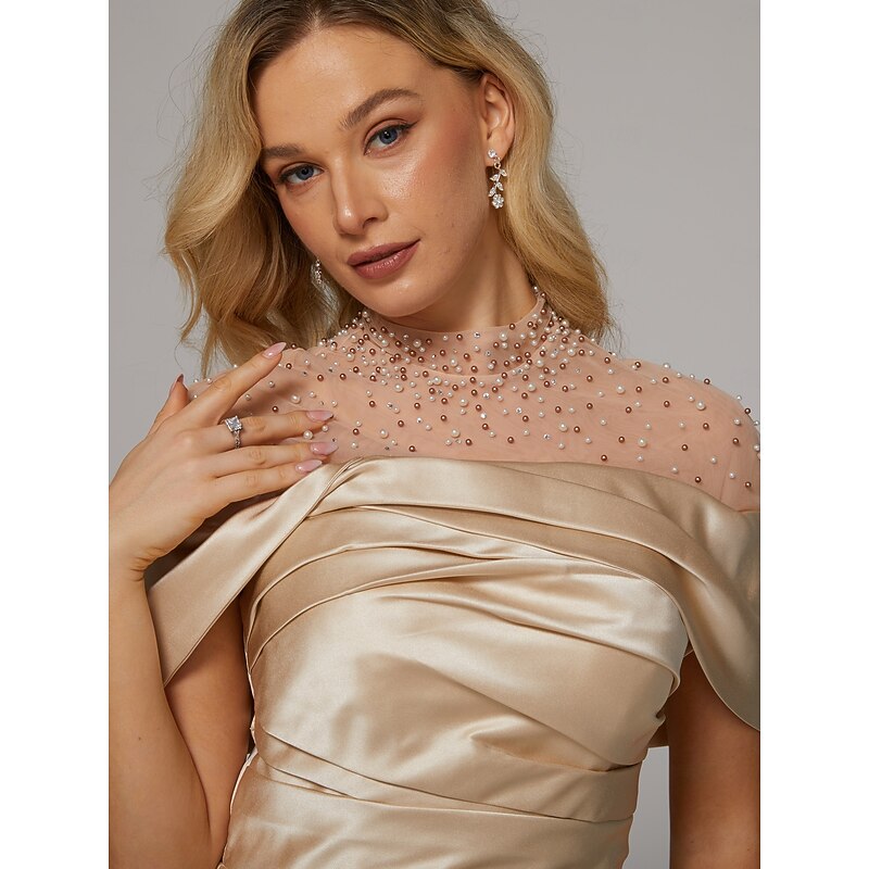 A-Line Evening Gown Elegant Dress Formal Floor Length Short Sleeve Illusion Neck Satin with Ruched Beading4