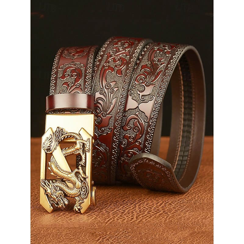 Men's Brown Leather Belt with Embossed Dragon Design and Gold Buckle - Vintage Style, Perfect for Formal and Casual Wear2