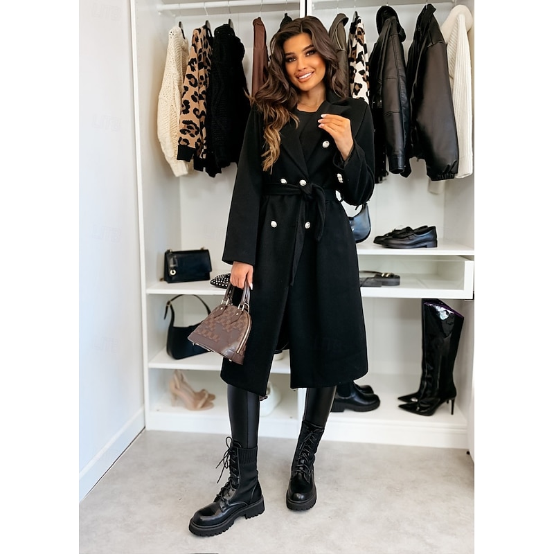 Women's Coat Warm Comfortable Buttons With Belt Elegant Solid Color Casual Daily Double Breasted Lapel Regular Fit Long Sleeve Outerwear Black Red Apricot Winter3