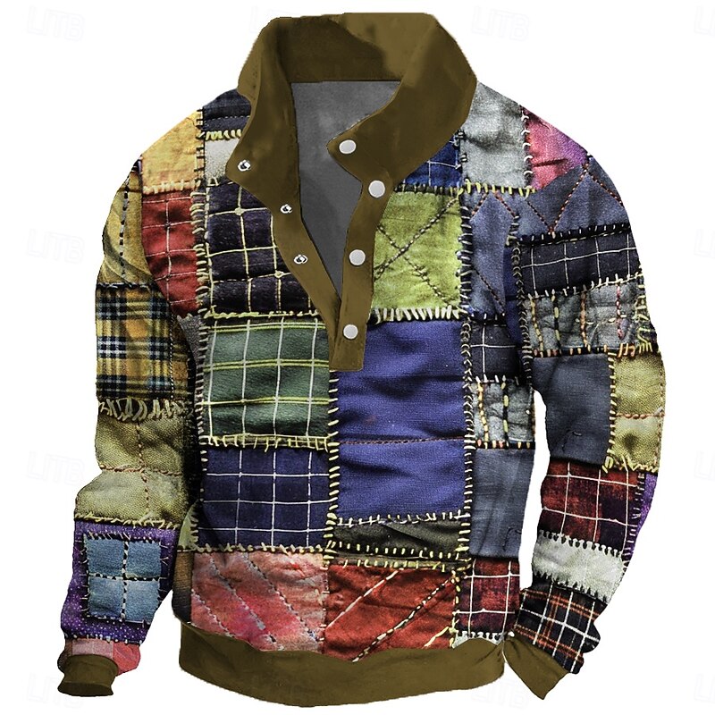 Men's Patchwork Sweatshirt Sweatshirt Long Sleeve Sweatshirt Crew Neck Fashion Daily Simple Print Vacation Holiday Going out Buttons Winter3
