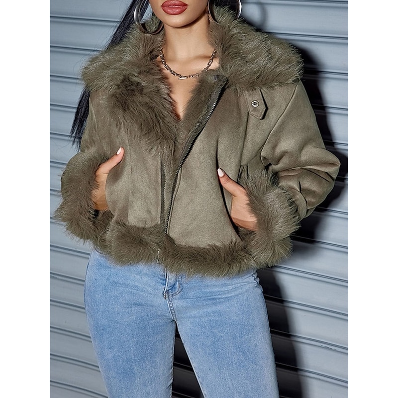Women's Winter Coat Outdoor Street Daily Wear Fall Winter Short Coat Regular Fit Thermal Warm Breathable Stylish Casual Jacket Long Sleeve Plain Faux Fur Trim Green