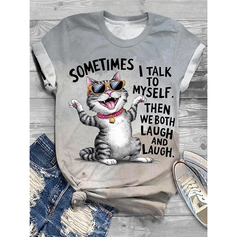 Women's T Shirt Cat Letter Casual Short Sleeve Round Neck Regular Tops Daily Print Gray Summer