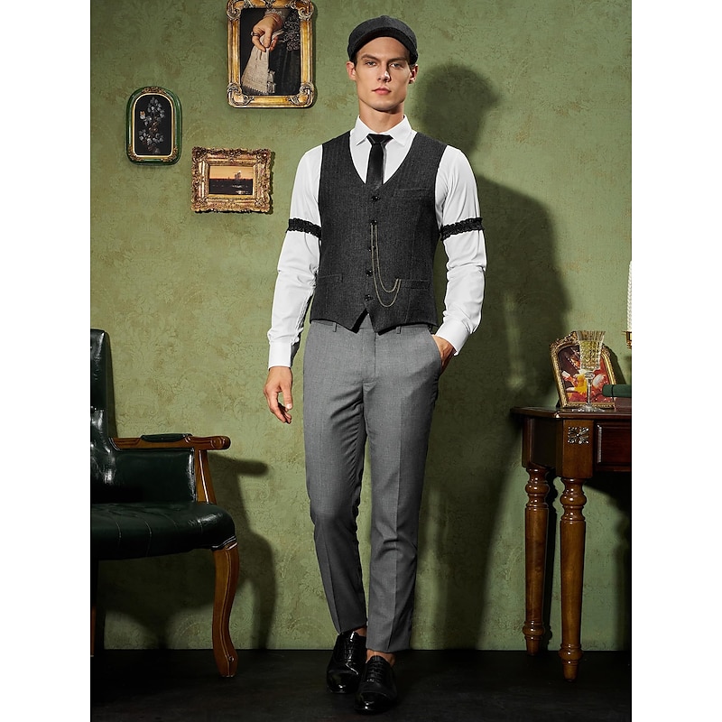 Retro Vintage Roaring 20s 1920s Outfits Waistcoat Accessories Set Gentleman Gangster Fancy Dress Men's Carnival Costume 8 PCS Christmas Halloween Carnival Masquerade Cocktail Party Theme Party Adults'2