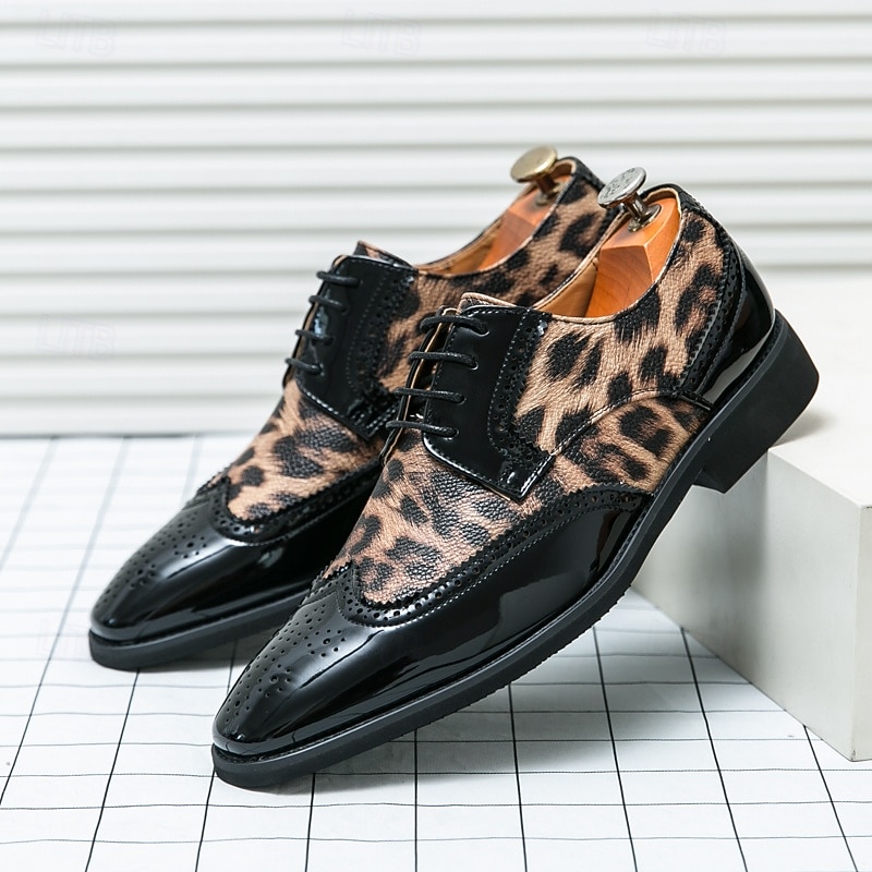 Men's Leopard Print Oxford Shoes - Patent Faux Leather Accents with Brogue Detailing for Formal and Party Occasions2