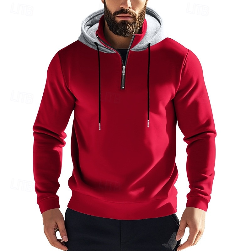 Men's Hoodie Quarter Zip Hoodie Apricot Black White Wine Red Hooded Plain Drawstring Sports & Outdoor Daily Holiday Polyester Streetwear Basic Casual Spring &  Fall Clothing Apparel Hoodies