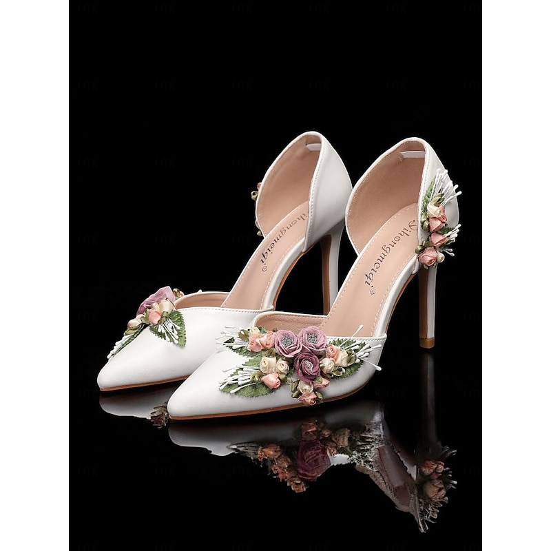 Women's White Wedding Heels with Floral Embellishments - Elegant Pointed Toe Design, Ankle Strap, and Stiletto Heel, Perfect for Bridal and Special Occasions