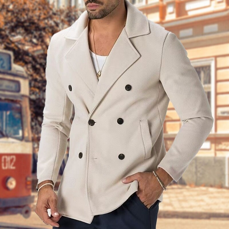 Men's Blazer Trench Coat Casual Daily Lined Traditional / Classic Spring Fall & Winter Woolen Cloth Solid / Plain Color Basic Casual / Daily Double Breasted Blazer Black White Camel Claret-red