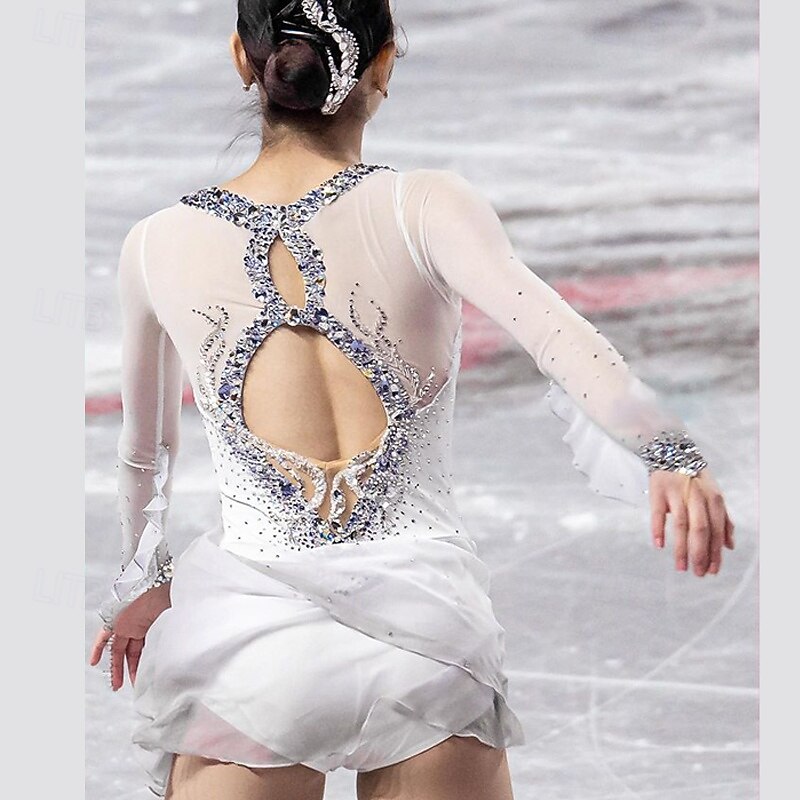 Figure Skating Dress Women's Girls' Ice Skating Dress White Patchwork Thumbhole Mesh Spandex Stretchy Training Practice Professional Skating Wear Thermal Warm Crystal / Rhinestone Long Sleeve Ice2