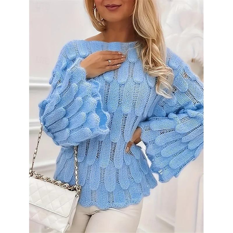 Women's Sweater Casual Soft Pure Color Ribbed Crew Neck Knitted Long Sleeve Regular Tops Knit Outdoor Daily Weekend Blue Fall Winter