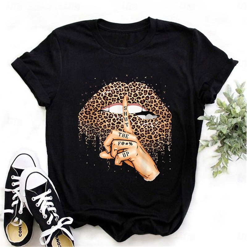 Women's T Shirt Leopard Mouth Fashion Modern Casual Short Sleeve Crew Neck Regular Tops Daily Weekend Black Summer