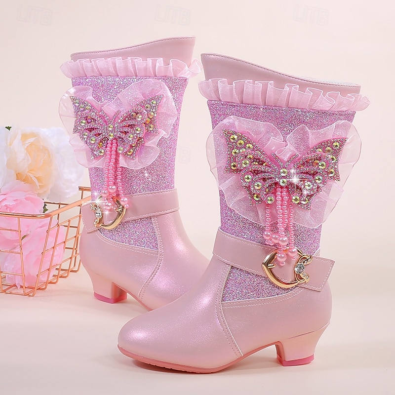 Girls' Glitter Winter Boots with Faux Fur Lining - Blue Mid-Calf Design Featuring Butterfly Rhinestone Decor and Side Zipper Closure4