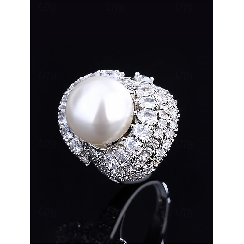 Women's Luxury Silver-Plated Statement Ring with Large Pearl Center and Crystal Accents – Perfect for Weddings and Special Occasions4