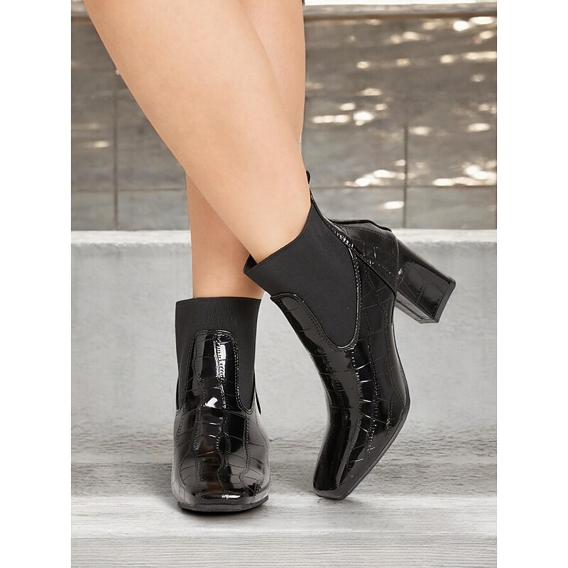 Women's Black Patent Crocodile Pattern Block Heel Ankle Boots – Stylish Formal Footwear for Parties and Office Wear4
