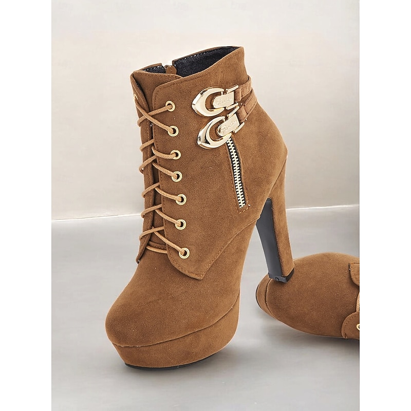 Women's Brown Suede Ankle Boots - Lace-Up Design with Gold Buckle and Zipper Details, Platform High Heel Shoes for Stylish Casual and Party Looks4