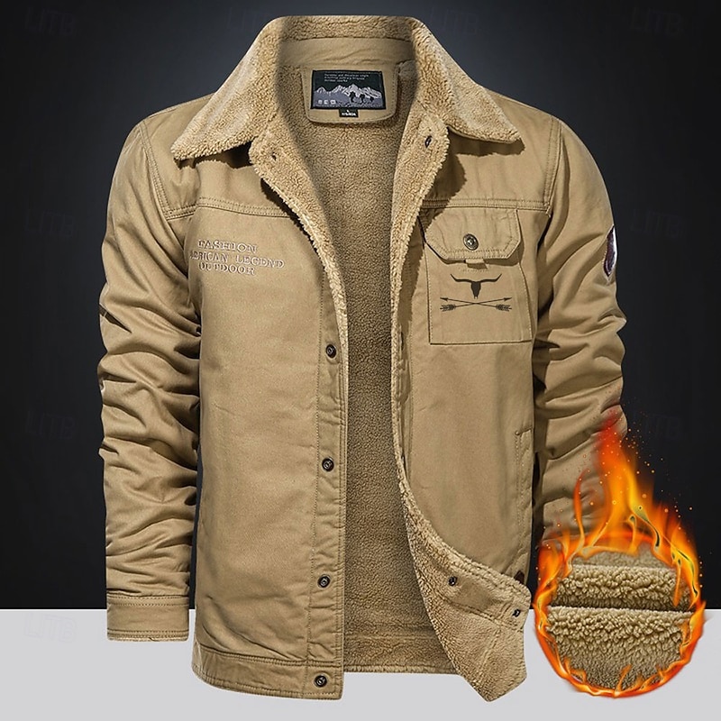 Men's Cow Print Embroidered Fleece Jacket Sherpa Trucker Jacket Work Cargo Jacket Turn-Down Collar Warm Winter Cotton Jacket Vintage Casual Going Out Coat Multi-Pockets