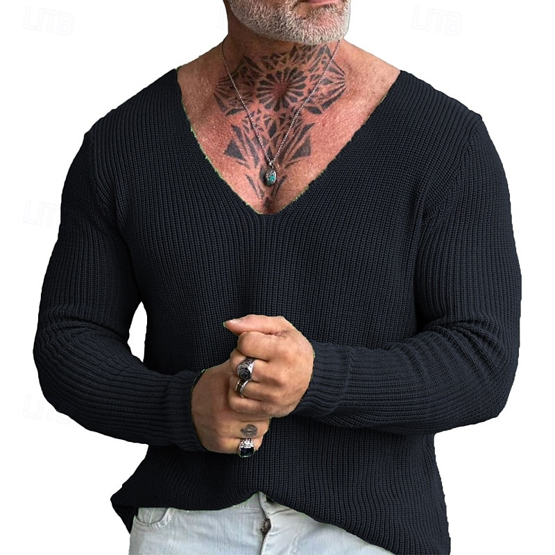 Men's Pullover Sweater Jumper Knit Sweater Ribbed Knit Regular Knitted Plain V Neck Fashion Basic Daily Wear Date Clothing Apparel Fall & Winter Black Blue S M L