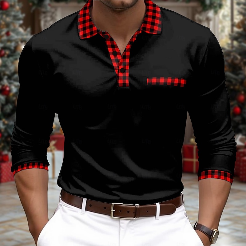 Christmas Men's Plaid Golf Polos Shirts Long Sleeve Polo Shirts Collar Business Casual Dailywear New Years Eve Shirts Festival Outfit Buttons 3D Print Spring Fall Winter Black