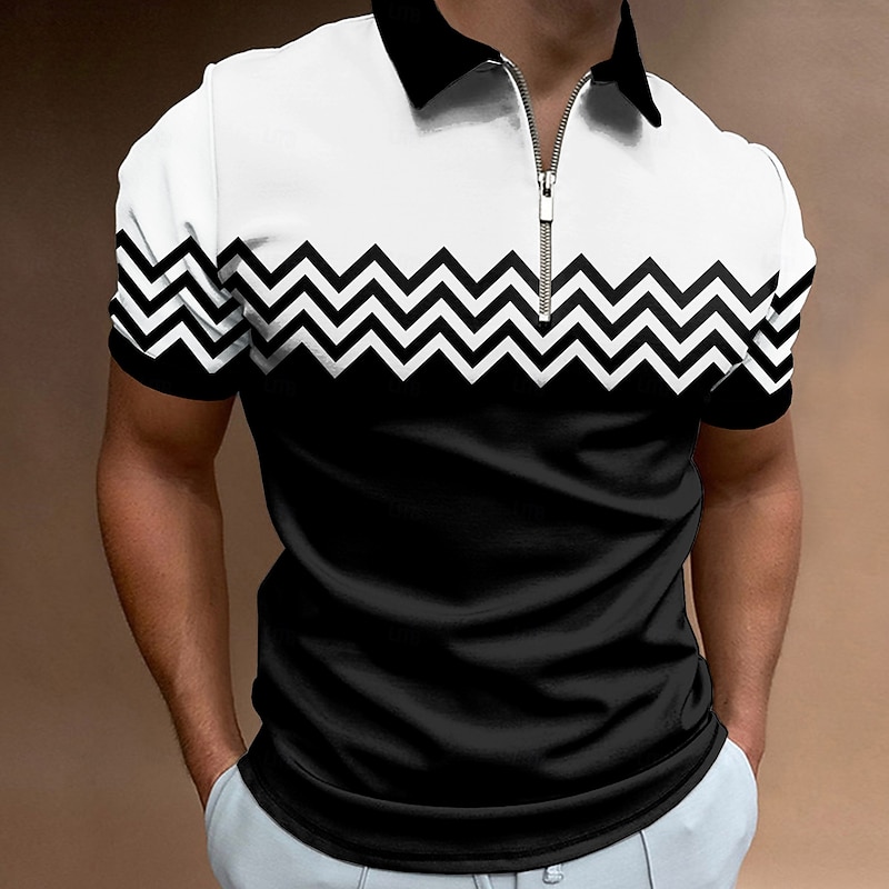 Men's Geometric Polo Shirts Zip Polo Short Sleeve Polo Shirts Collar Business Casual Formal Vacation Dailywear 3D Print Summer Spring Black And White