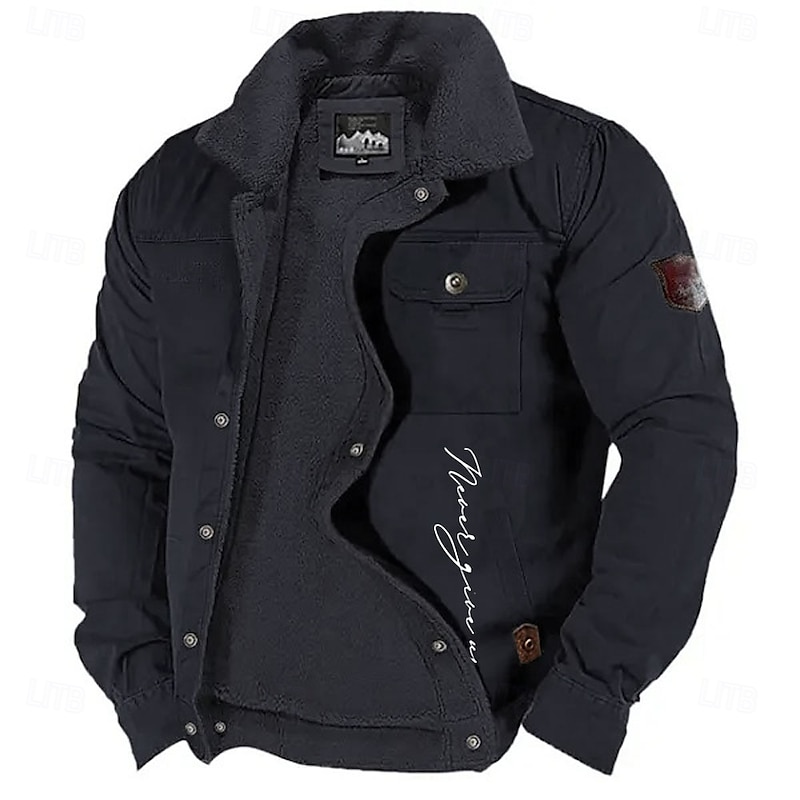 Men's Letter Printed Embroidered Fleece Jacket Sherpa Trucker Jacket Work Cargo Jacket Turn-Down Collar Warm Winter Cotton Jacket Vintage Casual Going Out Coat Multi-Pockets4