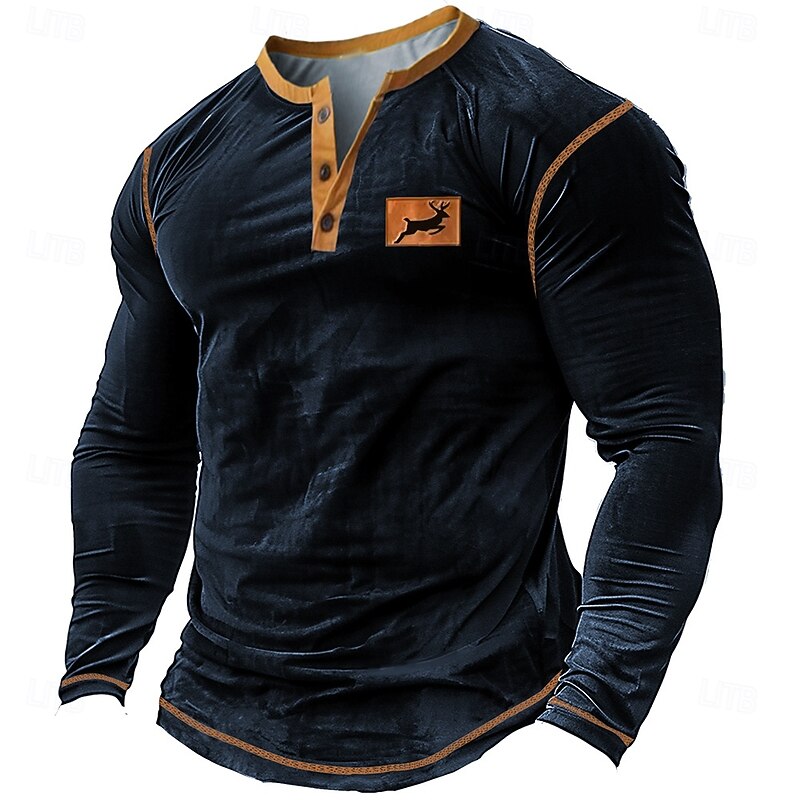 Men's Animal Deer Henley Shirt Long Sleeve T shirt 3D Print Henley Shirt Retro Vintage Cowboy Casual Daily Holiday Black Dark Blue Summer Spring Fall Clothing Apparel Normal S M L XL XXL XXXL4
