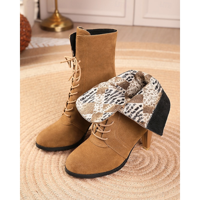 Women's Tan Lace-Up High Heel Ankle Boots with Stiletto Heels – Stylish Vintage-Inspired Footwear for Fall Outfits and Special Occasions