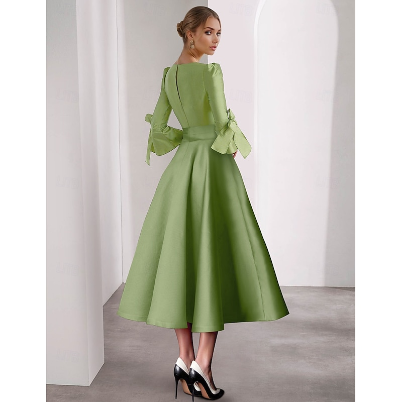 A-Line Cocktail Dresses Beach Wedding Elegant Dress Formal Tea Length 3/4 Length Sleeve V Neck Satin with Bow(s) Ruched Butterfly Dresses2