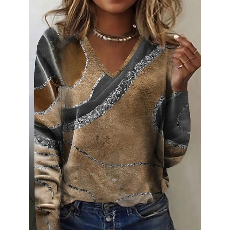 Women's T shirt Long Sleeve V Neck Long Sleeve Tunic Marble Fashion Modern Casual Regular Tops Daily Weekend Print Blue Green Khaki Fall Winter Prefall
