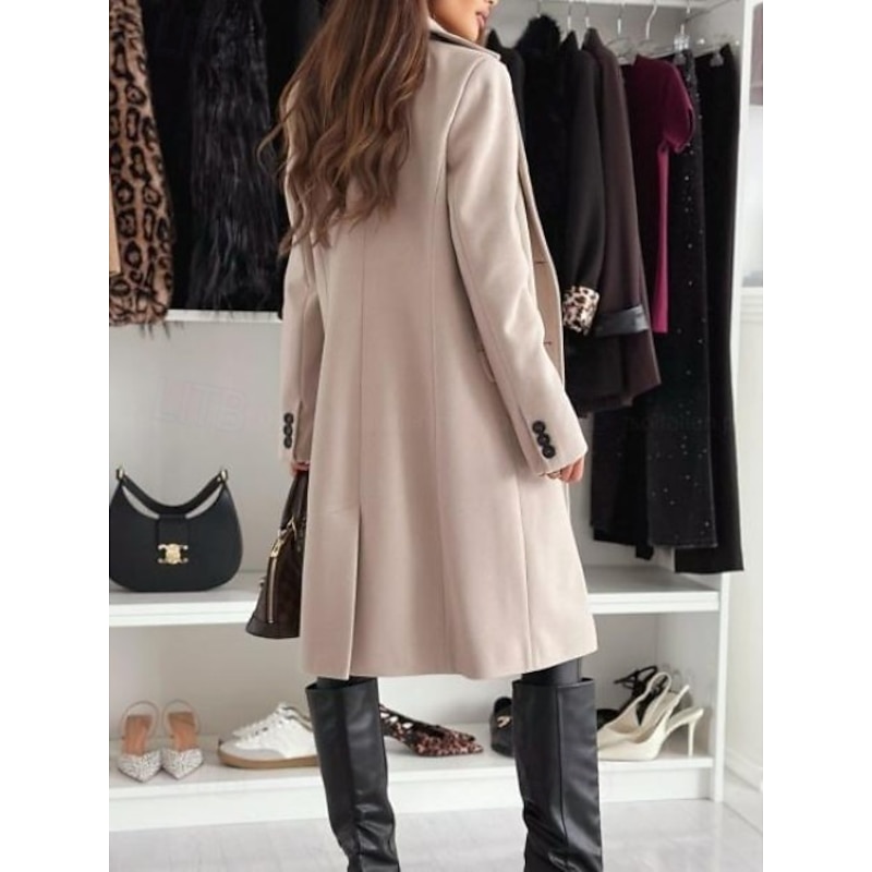 Women's Coat Warm Comfortable Buttons Elegant Solid Color Daily Wear Single Breasted V Neck Regular Fit Long Sleeve Outerwear Black Khaki Coffee Winter2