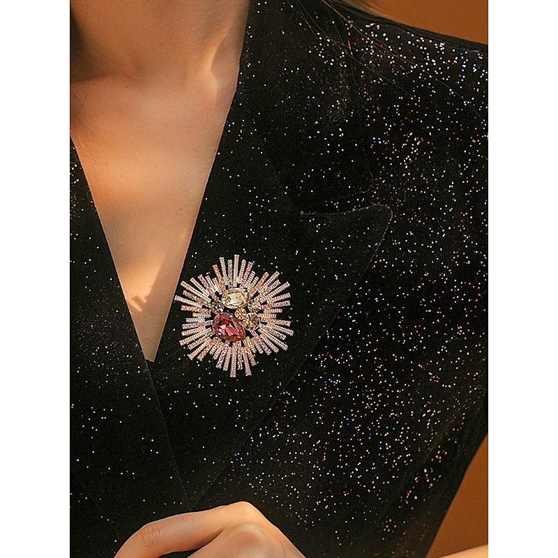 Women's Vintage Style Sunburst Brooch with Pink and Crystal Gemstones – Elegant Statement Pin for Formal Attire3