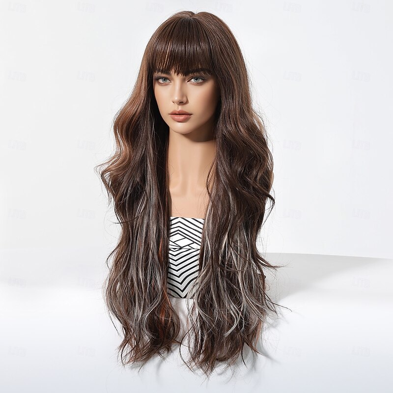 Synthetic Wig Uniforms Career Costumes Princess Curly Body Wave Layered Haircut Neat Bang With Bangs Machine Made Wig 26 inch Light Brown Synthetic Hair Women's Cosplay Party Fashion Light Brown3