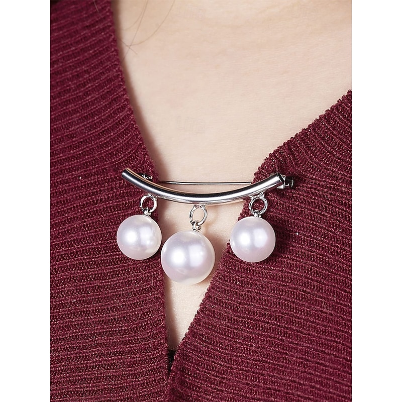 Elegant Pearl Drop Brooch Set with Gold Curved Bar – Triple Pearl Charm Design for Sophisticated and Modern Style2