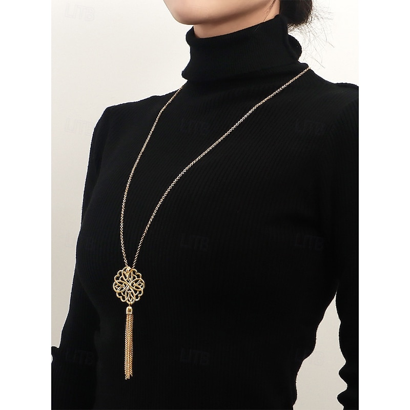 Women's Gold Long Pendant Necklace with Intricate Floral Design and Tassel Accent - Elegant Statement Jewelry for Casual and Formal Outfits3