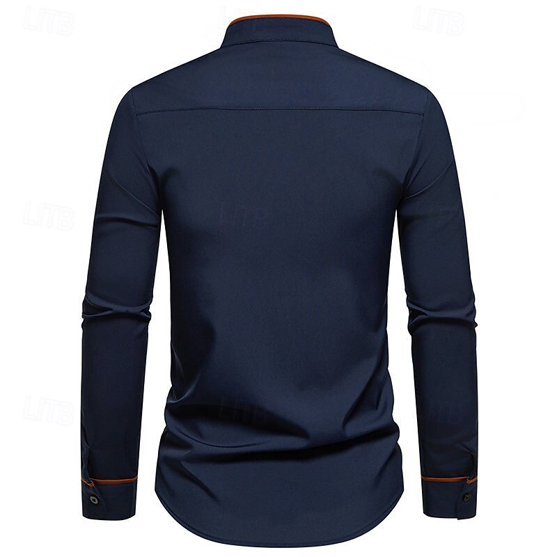 Men's Shirt Chinese Collar Shirt Mandarin Collar Shirt Dress Shirt Button Up Shirt Color Block Wedding Daily Black White Dark Navy Army Green Long Sleeve Grandad Collar Spring &  Fall Clothing Apparel3