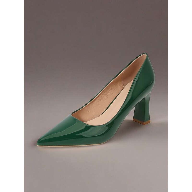 Glossy Green Patent Faux Leather Pointed-Toe Block Heel Pumps – Elegant Formal Shoes for Women3