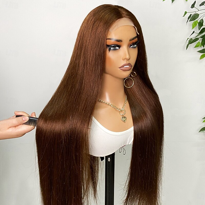 4# Brown Human Hair 4*4 Double Drawn Front Lace Human Hair Straight Hair Lace Wig 180% Density3