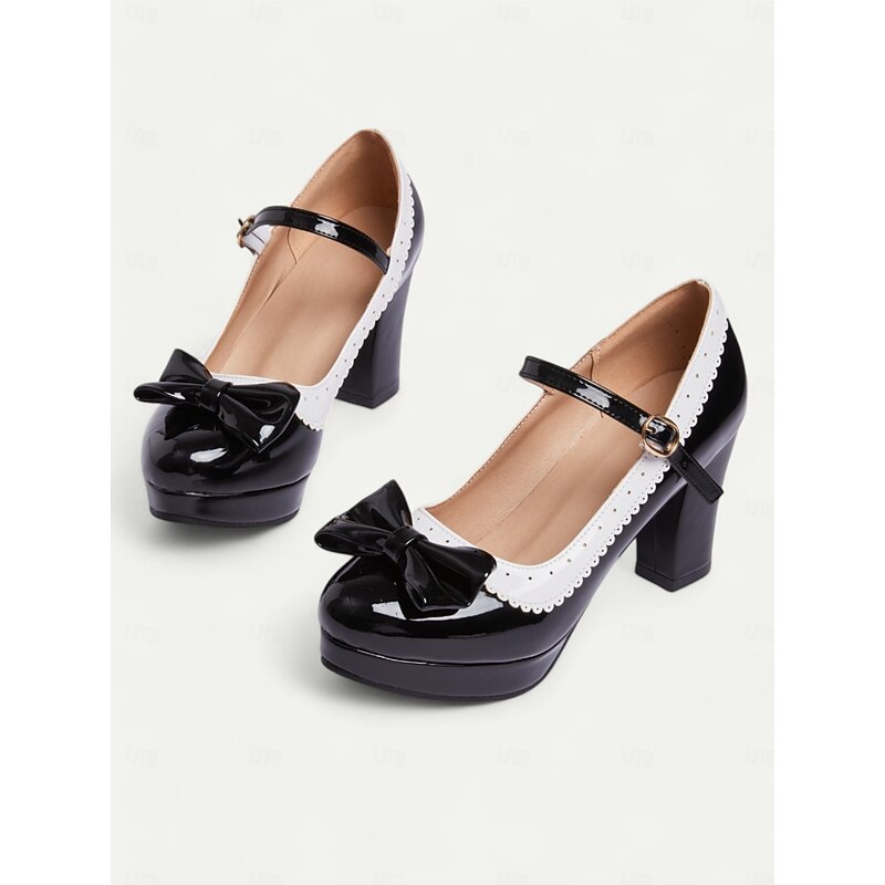 Women's Black and White Mary Jane Heels with Bow Detail - Vintage Platform Pumps with Ankle Strap for Cosplay and Retro Outfits3