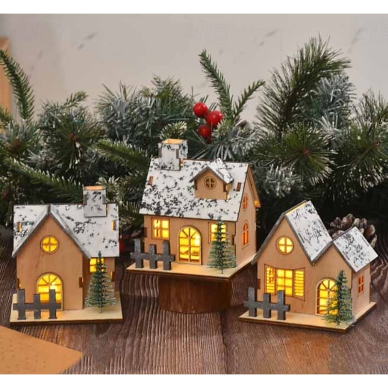 Christmas Wooden House Ornament Light, LED Desktop Decoration Christmas Holiday Table Decorations