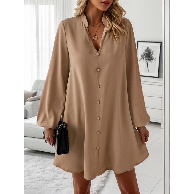 Women's Casual Dress Mini Dress Buttons Casual V Neck Long Sleeve Green Khaki Color