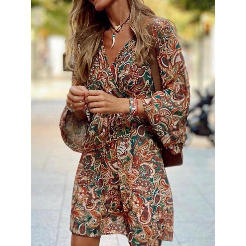 Women's Mini Dress Casual Dress A Line Dress Boho Dress Vintage Ethnic Casual Daily Regular Fit Floral Long Sleeve V Neck Brown Summer Spring Fall3