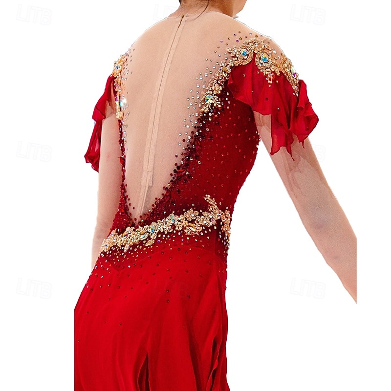 Figure skating costume for adults and children solid color gradient color diamond customized spandex mesh grading performance costume competition training red rhinestone women's skirt performance2