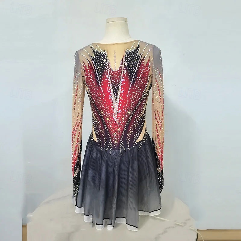 Figure Skating Dress Women's Girls' Ice Skating Dress Black Red Asymmetric Hem Mesh High Elasticity Training Competition Skating Wear Classic Crystal / Rhinestone Long Sleeve Ice Skating Figure