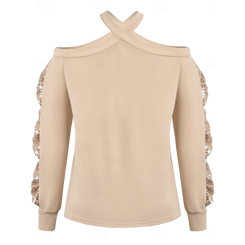 Women's Shirt Blouse Solid Color Basic Casual Long Sleeve V Neck Regular Tops Daily Sequins Patchwork Bow Beige Fall Winter2