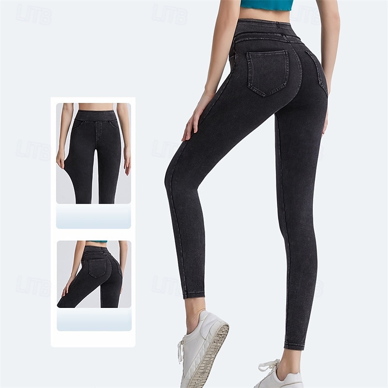Women's Yoga Pants Jeggings Yoga Leggings Butt Lift Tummy Control High Waist Pilates Gym Workout Workout Tights Solid Color Dark Grey Black Blue Fall Winter Sports Activewear Stretchy Slim