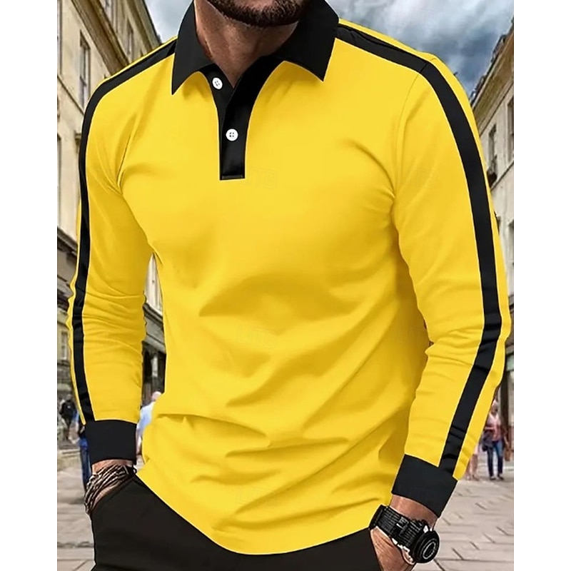 Men's Golf Shirt Golf Polos Shirts Work Casual Lapel Long Sleeve Basic Modern Color Block Patchwork Buttons Spring &  Fall Regular Fit Wine Black Yellow Navy Blue Golf Shirt