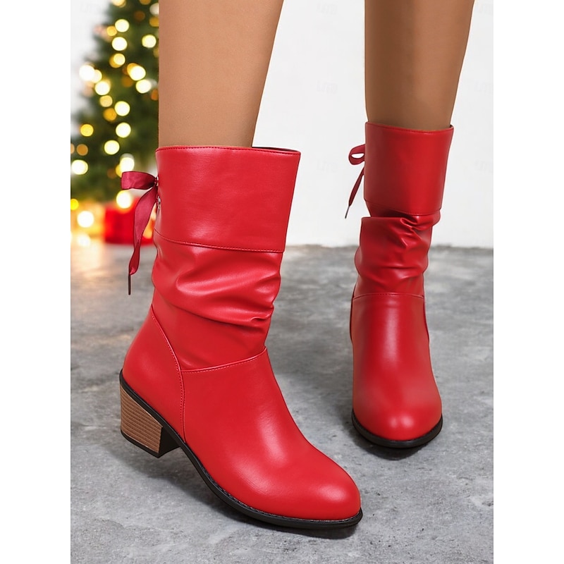 Women's Red Faux Leather Mid-Calf Boots with Bow Detail and Block Heels – Festive Winter Footwear for Christmas and Parties2