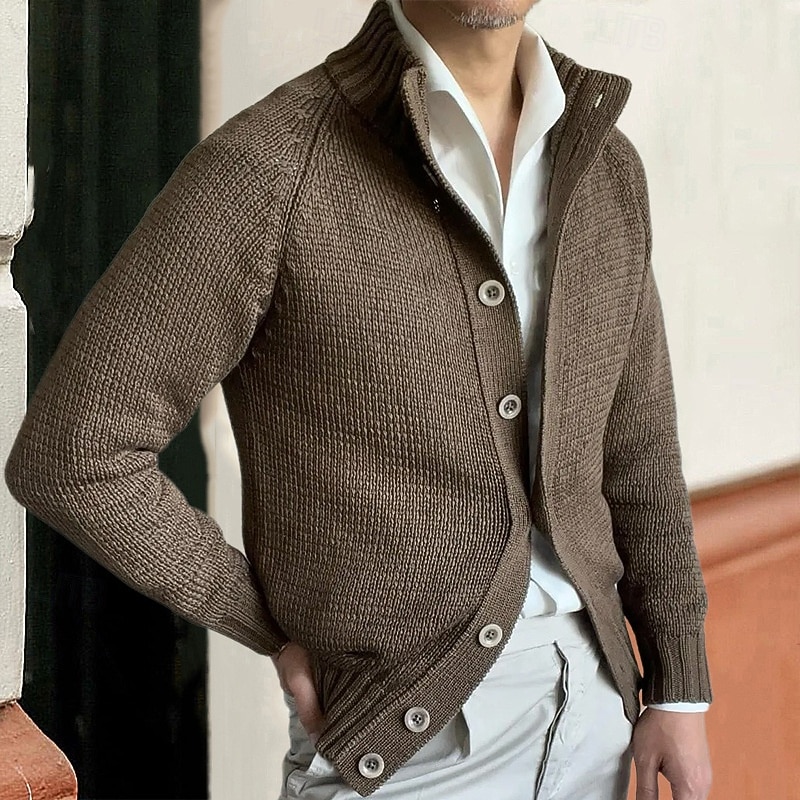 Men's Cardigan Sweater Cardigan Cropped  Sweater Ribbed Knit Regular Buttons Solid Color Stand Collar Fashion Classic Vacation Daily Wear Clothing Apparel Fall & Winter Black khaki M L XL3